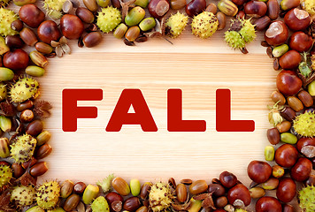 Image showing FALL written on wood with border of beechnuts, conkers, acorns