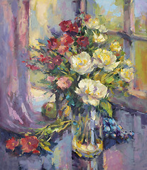 Image showing painted still life with peonies and grapes