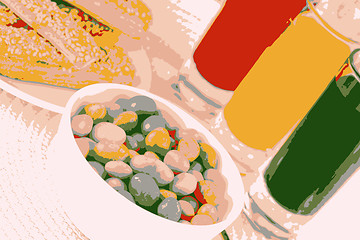 Image showing sweet cake on white plate and juice vector illustration