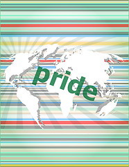 Image showing The word pride on business digital screen vector quotation marks with thin line speech bubble. concept of citation, info, testimonials, notice, textbox