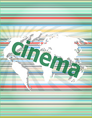 Image showing cinema word on digital screen with world map vector quotation marks with thin line speech bubble. concept of citation, info, testimonials, notice, textbox