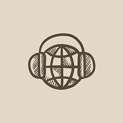 Image showing Globe in headphones sketch icon.