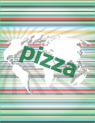 Image showing pizza, hi-tech background, digital business touch screen vector quotation marks with thin line speech bubble. concept of citation, info, testimonials, notice, textbox