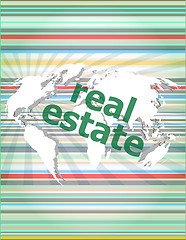 Image showing real estate text on touch screen vector quotation marks with thin line speech bubble. concept of citation, info, testimonials, notice, textbox