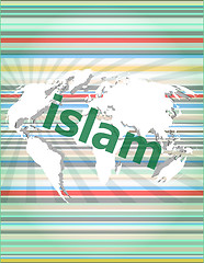 Image showing islam, hi-tech background, digital business touch screen vector quotation marks with thin line speech bubble. concept of citation, info, testimonials, notice, textbox