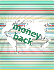Image showing words money back on digital screen, business concept vector quotation marks with thin line speech bubble. concept of citation, info, testimonials, notice, textbox