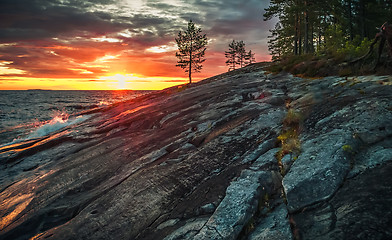 Image showing Sunset on Lake Onega in Karelia