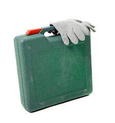 Image showing tool box with gloves isolated on white