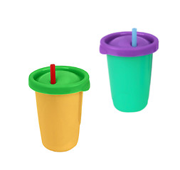 Image showing Two fast food paper cups with straws