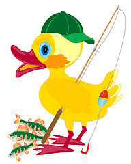 Image showing Duckling fisherman with fishing rod