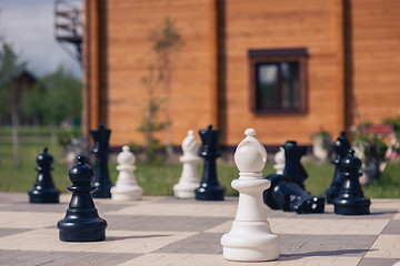 Image showing big chess on a background of  wooden house and grass field