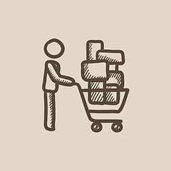 Image showing Man pushing shopping cart sketch icon.
