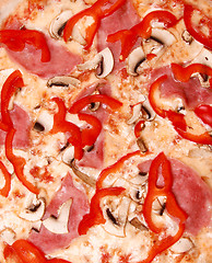 Image showing pizza with tomato and meat background