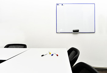 Image showing Empty meeting room in the office with tables and chairs