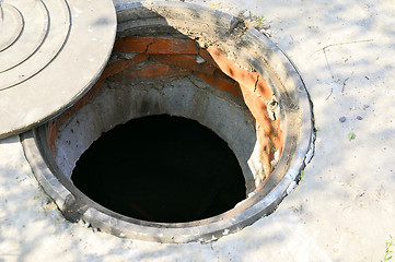 Image showing Concrete cesspit with an open hatch on the ground in the summer