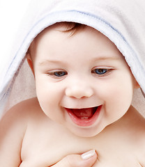 Image showing happy baby with terry hoodie robe on head