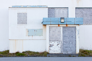 Image showing Front view of a boarded-up abandoned building in Iceland