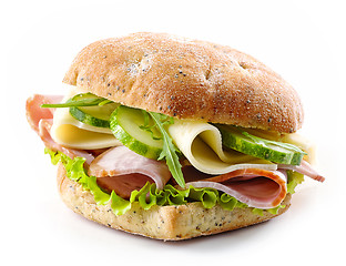 Image showing sandwich with bacon, cheese and cucumber