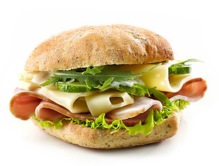 Image showing sandwich with bacon, cheese and cucumber