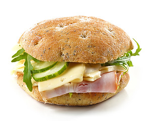 Image showing breakfast sandwich with smoked meat, cheese and cucumber