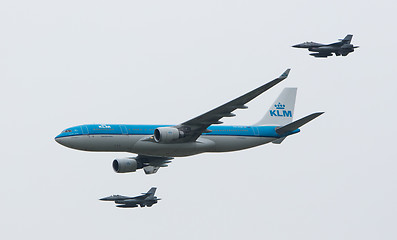 Image showing LEEUWARDEN, NETHERLANDS - JUNE 11 2016: Dutch KLM Boeing escorte