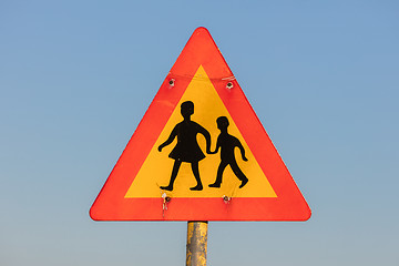 Image showing Warning sign of children crossing street from school