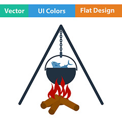 Image showing Flat design icon of fire and fishing pot