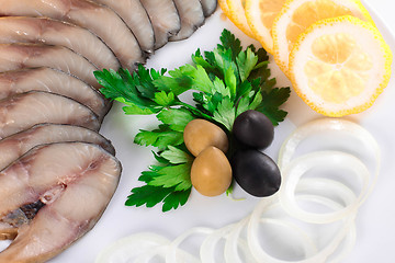 Image showing fish with vegetables,anion olives