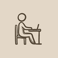 Image showing Businessman working on laptop sketch icon.