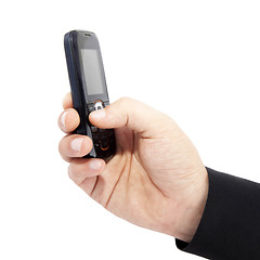 Image showing businessmen holds mobile phone.