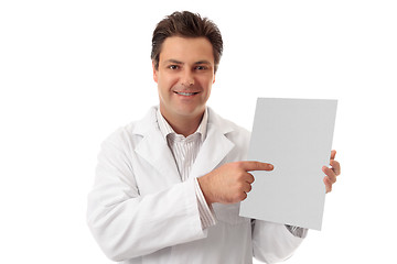 Image showing Doctor pharmacist holding brochure, sign, fact sheet