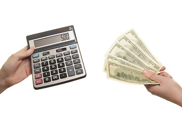 Image showing calculator and 500 dollars in hands