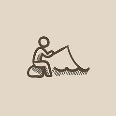 Image showing Fisherman sitting with rod sketch icon.