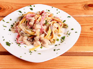 Image showing pasta with mushrooms sauce and meat