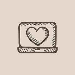 Image showing Laptop with heart symbol on screen sketch icon.