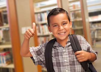 Image showing Hispanic Student Boy with Thumbs Up in the Library