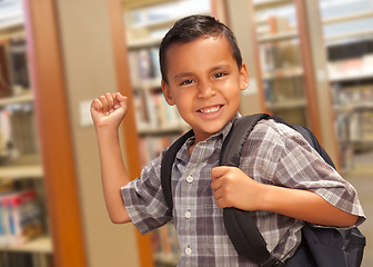 Image showing Hispanic Student Boy with Backpack in the Library