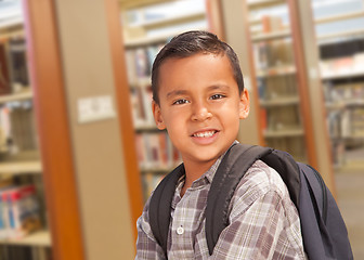 Image showing Hispanic Student Boy with Backpack in the Library