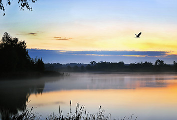 Image showing The morning landscape with sunrise over water in the fog