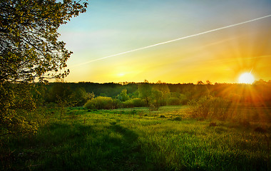 Image showing Landscape with the sunrise over the meadow and lines from the ai