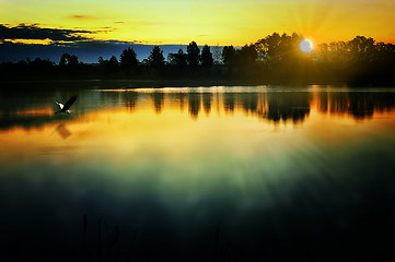 Image showing The morning landscape with sunrise over water in the fog