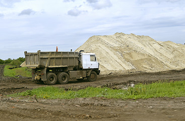 Image showing  Yellow excavator working digging in sand quarry