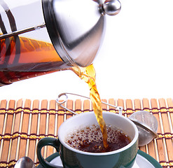 Image showing Pouring fresh tea kettle into green cup