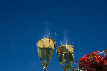 Image showing Two glasses champagne and strawberries 