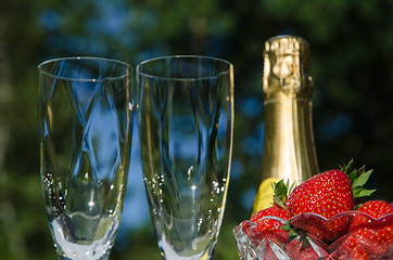 Image showing Champagne,glasses and strawberries oudoors