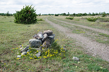 Image showing Old cairn by a trail side