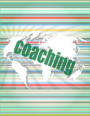 Image showing coaching word on touch screen, modern virtual technology background vector quotation marks with thin line speech bubble. concept of citation, info, testimonials, notice, textbox. flat style trend desi