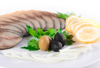 Image showing fish with vegetables,anion olives