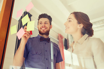 Image showing creative team with stickers on glass at office