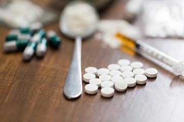 Image showing close up of drugs, money, spoon and syringe